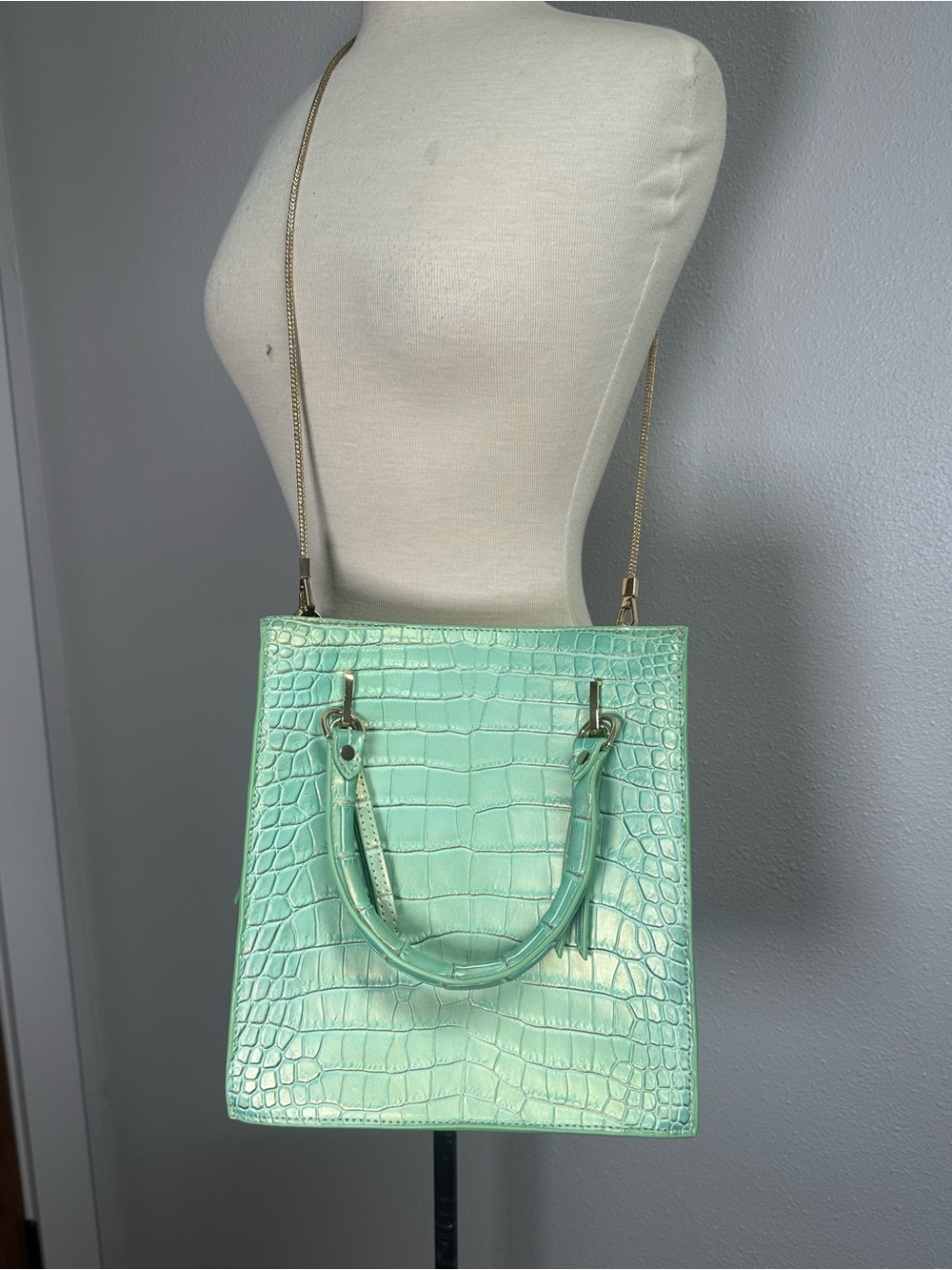 Custom Alligator Mint Green and Rose Gold Tote with Gold Chain Strap